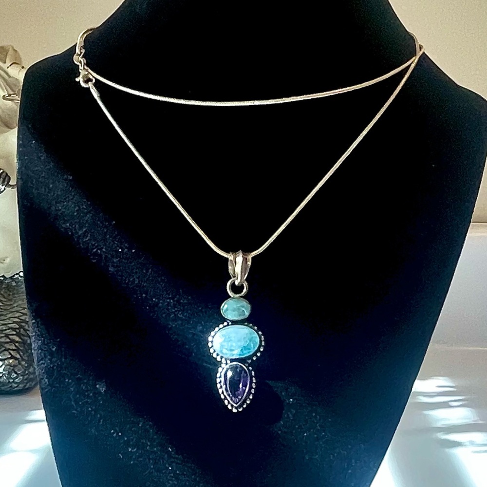 💎 BOGO 💎 Larimar, Moonstone & Amethyst Trio Pendant w/ Chain